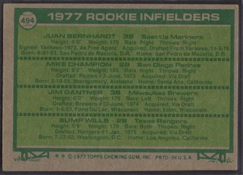 1977 Topps Baseball Card 494 Rookie Infielders Bump Wills RC VG EX EBay