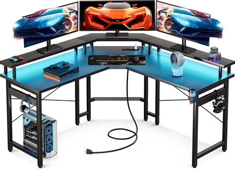 Huuger L Shaped Gaming Desk With Power Outlets And Led Lights