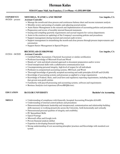 Assistant Controller Resume Samples Velvet Jobs