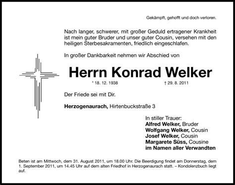 Traueranzeigen Von Konrad Welker Trauer Nn De