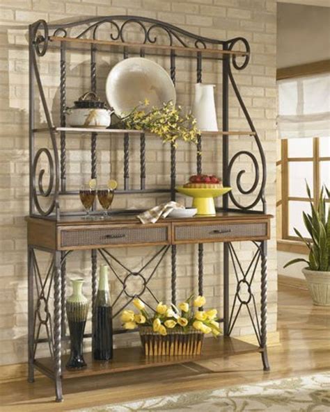 Iron Bakers Rack With Drawers And Wooden Shelves Bakers Rack For A