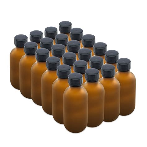 2 Oz Amber Frosted Glass Boston Round Bottles W Black Lids