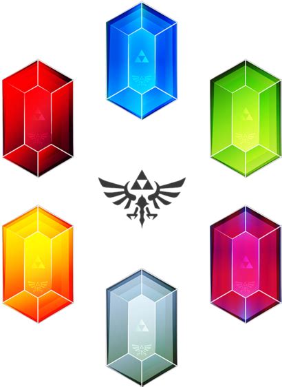 six different colored hexagonals with the legend of zelda logo on them