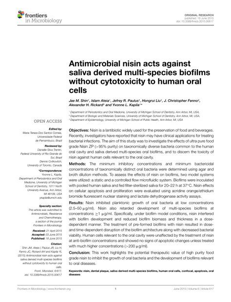 Pdf Antimicrobial Nisin Acts Against Saliva Derived Multi Species Biofilms Without