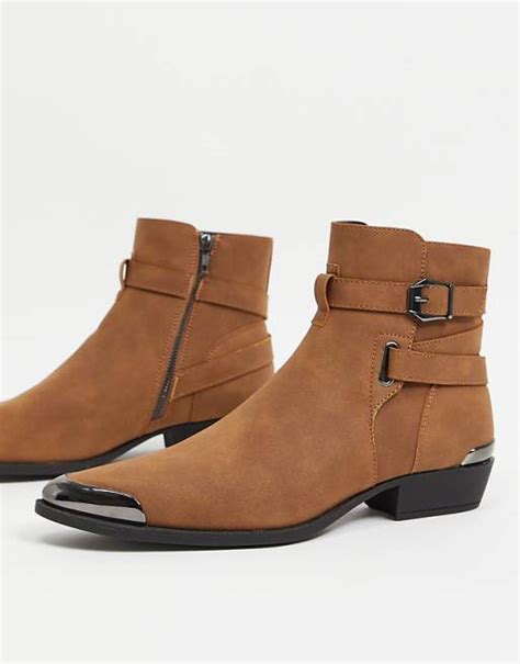 Asos Design Cuban Heel Western Chelsea Boots In Tan Faux Suede With Buckle Detail Asos