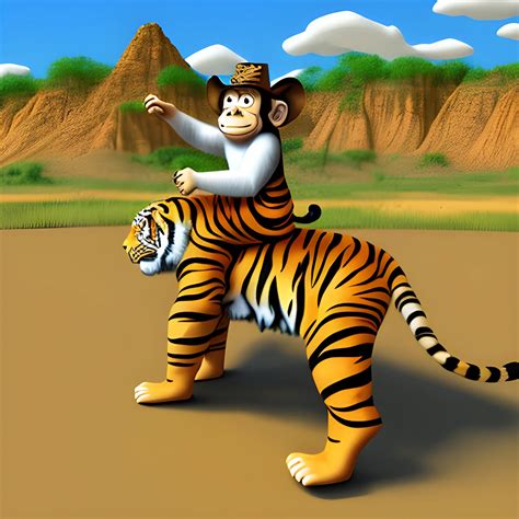 Monkey Riding A Tiger Eating Sushi But They Are In The Wild West