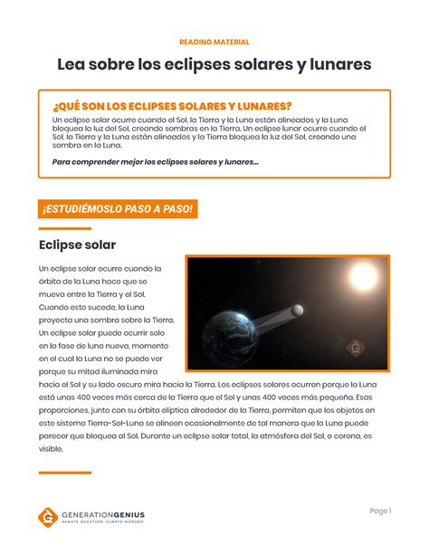 Eclipses Solares Y Lunares Material De Lectura 6 A 8 Grado READING