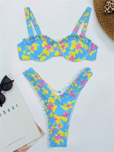 Emmiol Env O Gratis Conjunto De Bikini Floral Con Aros Y Ribete De