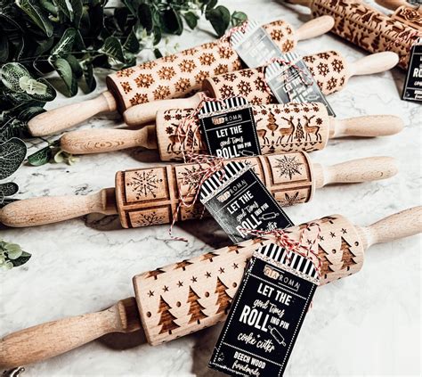 Christmas Rolling Pin Set Engraved Embossed Holiday Rolling Pin