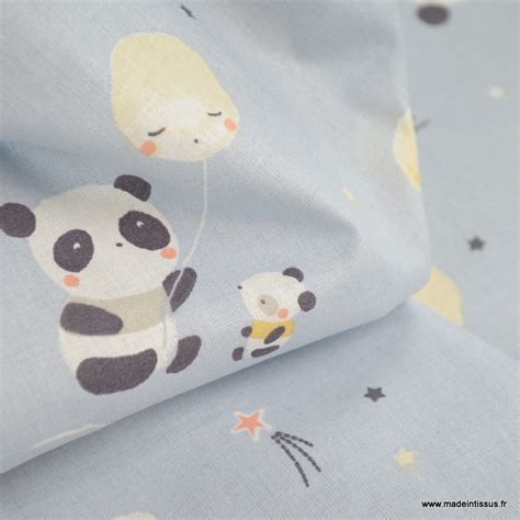 Tissu Coton Huanlili Motif Pandas Fond Ciel Oeko Tex