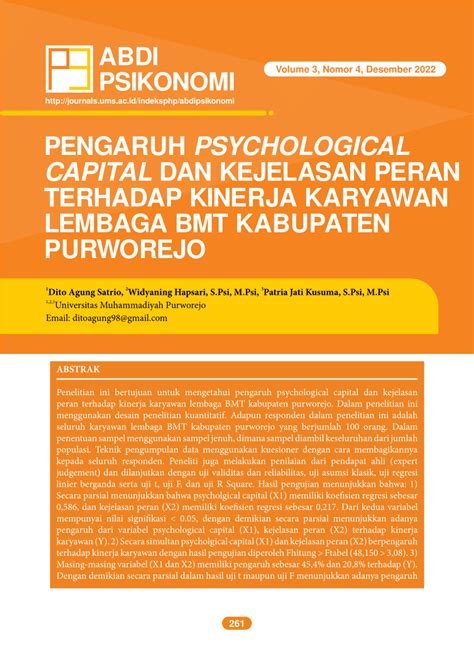 Pdf Pengaruh Psychological Capital Dan Kejelasan Peran Terhadap