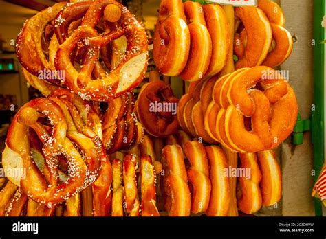 A Store Is Selling Pretzels In The Medieval Town Of Riquewihr Alsace