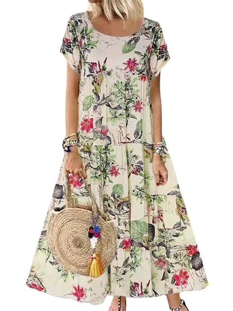 Bomotoo Ladies Kaftan Sundress Floral Printed Sexy Maxi Dresses Summer Casual Pleated Long Dress