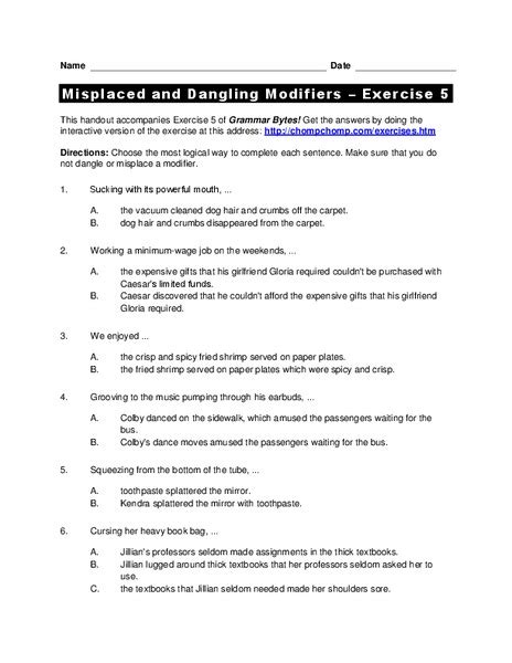 Misplaced And Dangling Modifiers Worksheet For 7th 8th Grade Lesson