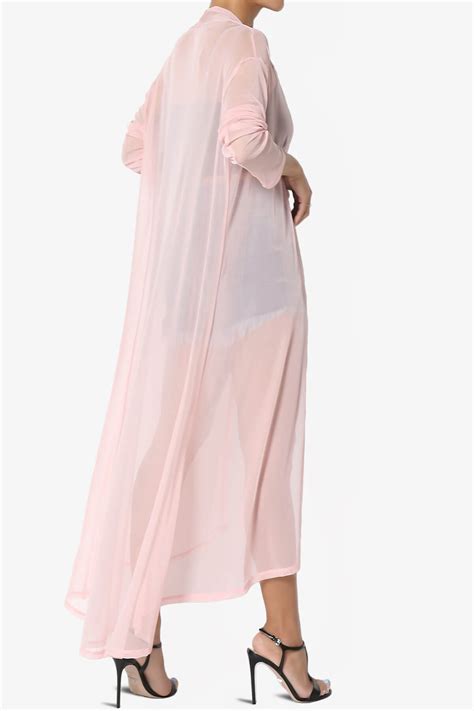 Sheer Mesh Long Sleeve Open Front Maxi Cardigan Mid Calf Caftan Duster