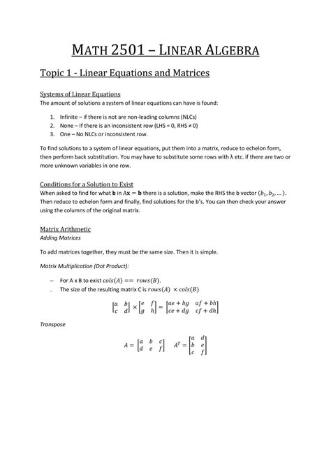 Math2501 Linear Algebra Course Notes Math2501 Linear Algebra Unsw Thinkswap