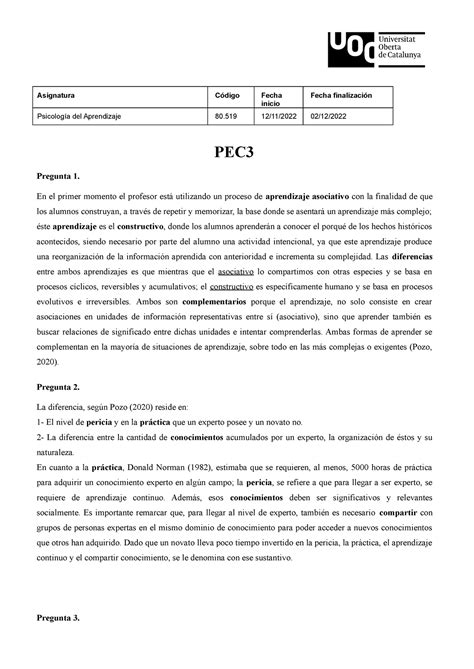 PEC 3 Ps psicología Aprendizaje inicio Psicología del Aprendizaje 80