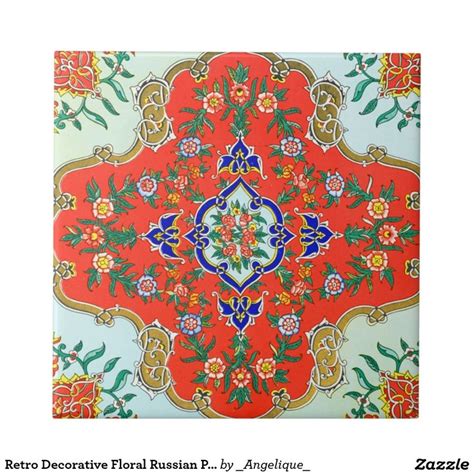 Retro Decorative Floral Russian Pattern Green Red Small Square Tile