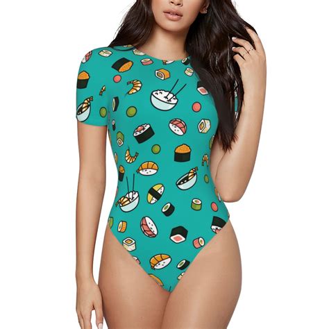 Easygdp Sushi Womens One Piece Swimsuit Slim Fit Crew Neck Bodysuit