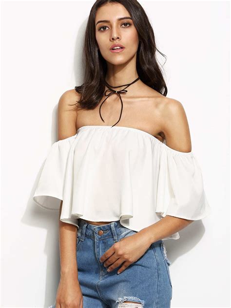 White Off The Shoulder Ruffle Crop TopFor Women Romwe