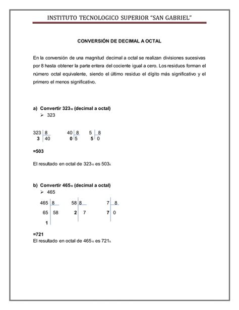 Ejercicios De Decimal A Octal