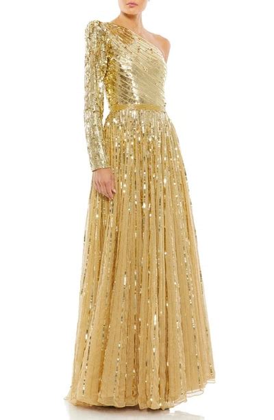 Mac Duggal Sequin One Shoulder Single Long Sleeve Gown In Gold Modesens