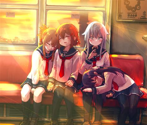 Safebooru 4girls Akatsuki Kancolle Anchor Symbol Bench Between Legs