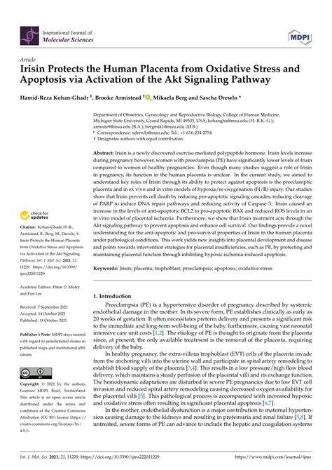 PDF Irisin Protects The Human Placenta From Oxidative Stress And