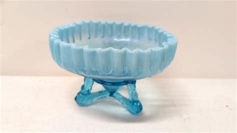 Antique Dugan Blue Opalescent Footed Bowl