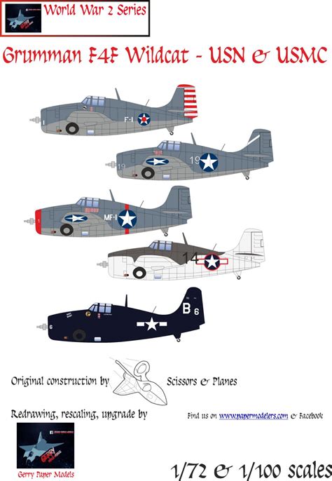 1 72 And 1 100 Grumman F4F Wildcat US Navy 5 Kit Bundle Paper Model