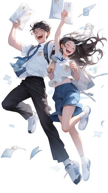 Premium Photo | Anime image of two people jumping in the air with papers generative ai