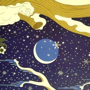 Erte Matted Print 1982 SEASONS WINTER Fashion Nude Lady Under Cresent Moon SNOWFLAKES Stars Snow