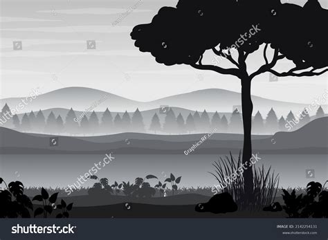 Silhouette Shadow Forest Scene Illustration เวกเตอร์สต็อก ปลอดค่า