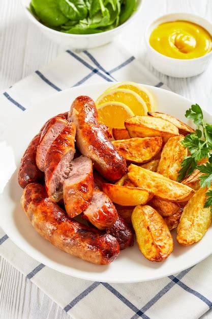 Premium Photo | Fried sausages on a plate with potatoes