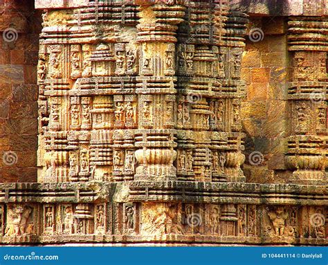 Intricately Carved Pillars Of Ancient Sun Temple In India Stock Photo