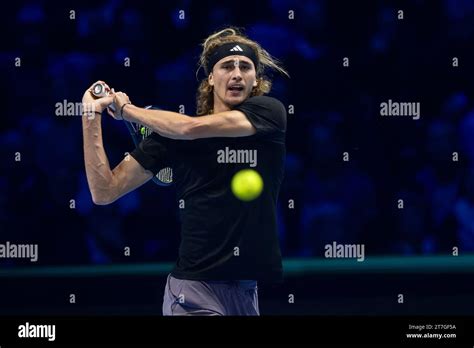 Turin, Italy. 15 November 2023. Alexander Zverev of Germany plays a ...