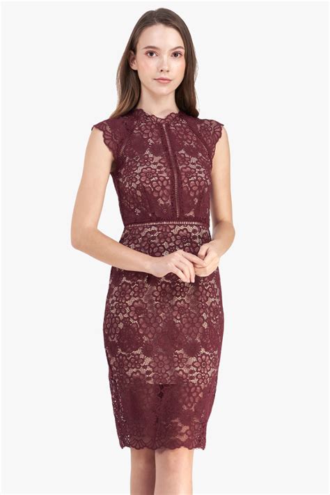 Fayth Primrose Oriental Lace Midi Dress Burgundy Nude Women S