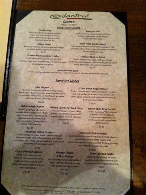 Menu at Cilantro restaurant, San Antonio