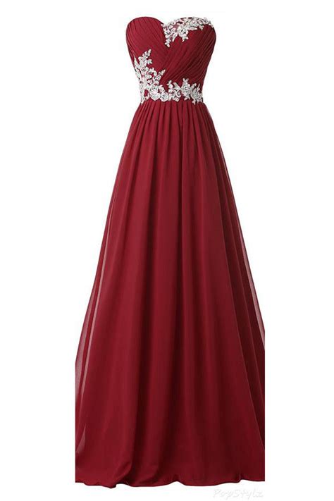 Burgundy Long Beaded Sweetheart Chiffon Lace Prom Dresses Ok9 Okdresses