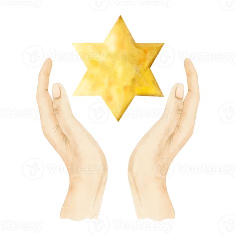 Yellow Gold Star Of David Watercolor Holding In Hands Illustration Six Pointed Hexagram