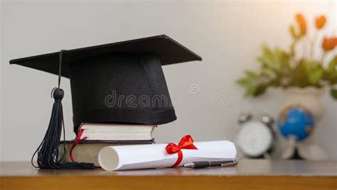 Mortar Board With Degree Paper And Books On Wood Table Stock Image