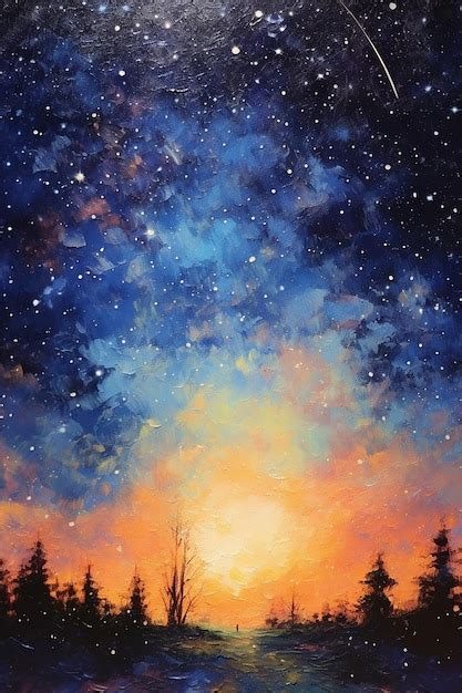 Premium AI Image | A painting of a sunset with a blue sky and stars