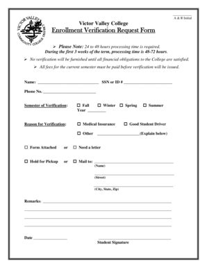 2009 Victor Valley College Enrollment Verification Request Form Fill