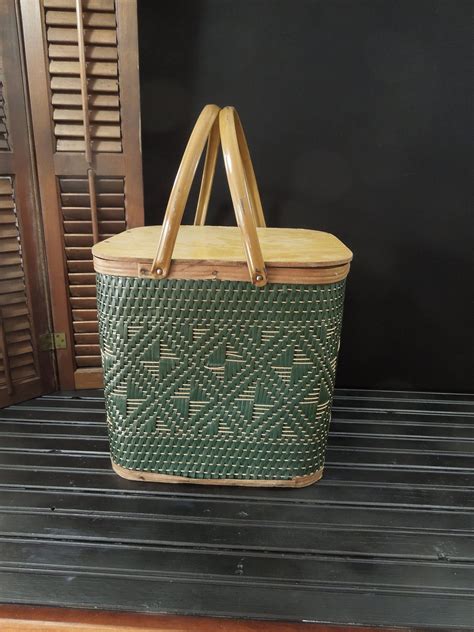 Woven Wood Basket In A Lovely Mix Of Green And Golden Brown Vintage