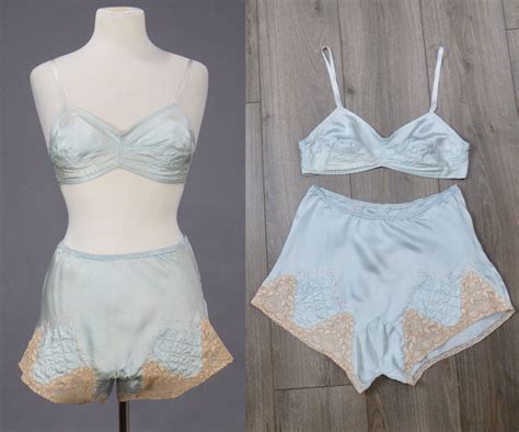 Vintage 1920s Silk Bra And Panties 20s Flapper Lingerie Set Lace Trim