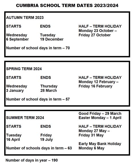 Term Dates Cumbria