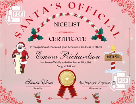 Editable Red Nice List Certificate Printable Santas Official Nice List