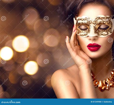 Beauty Model Woman Wearing Venetian Masquerade Carnival Mask At Party