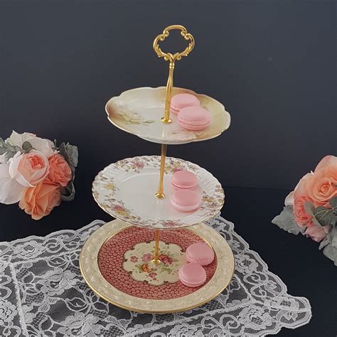 3 Tier Cake Stand Mismatched China Antique Floral Vintage Plates In Ivory Afternoon Tea Party