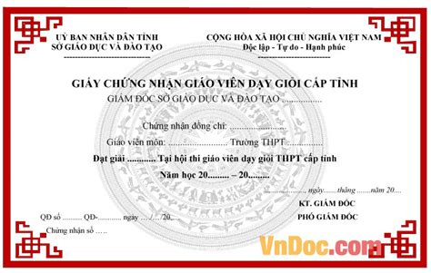 Mẫu giấy chứng nhận giáo viên dạy giỏi cấp tỉnh Giấy chứng nhận giáo